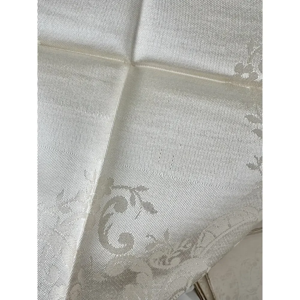 Vtg Beige Linen Double Damask Tablecloth 8 Napkins Floral Garlands Acanthus